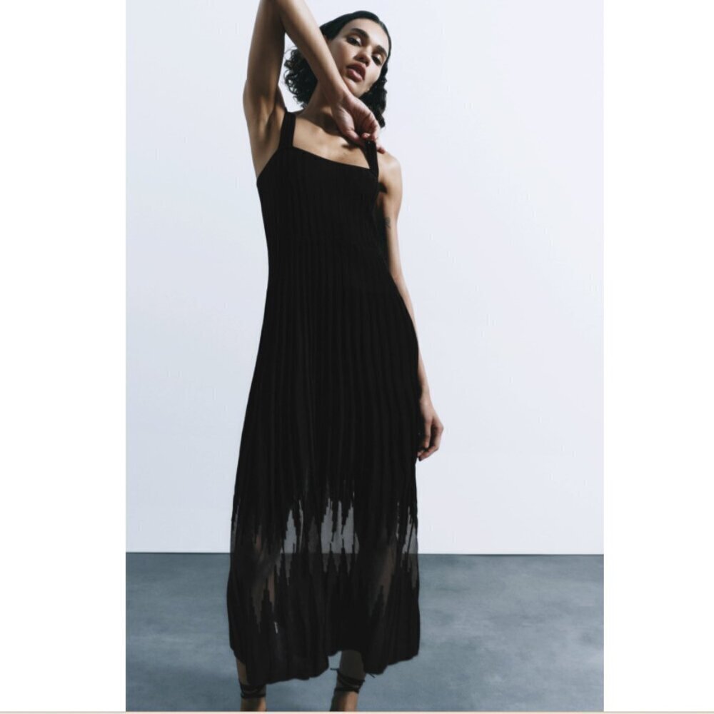 Zara Black Mixed Media Semi Sheer Sleeveless Crinkle Midi Dress (S)